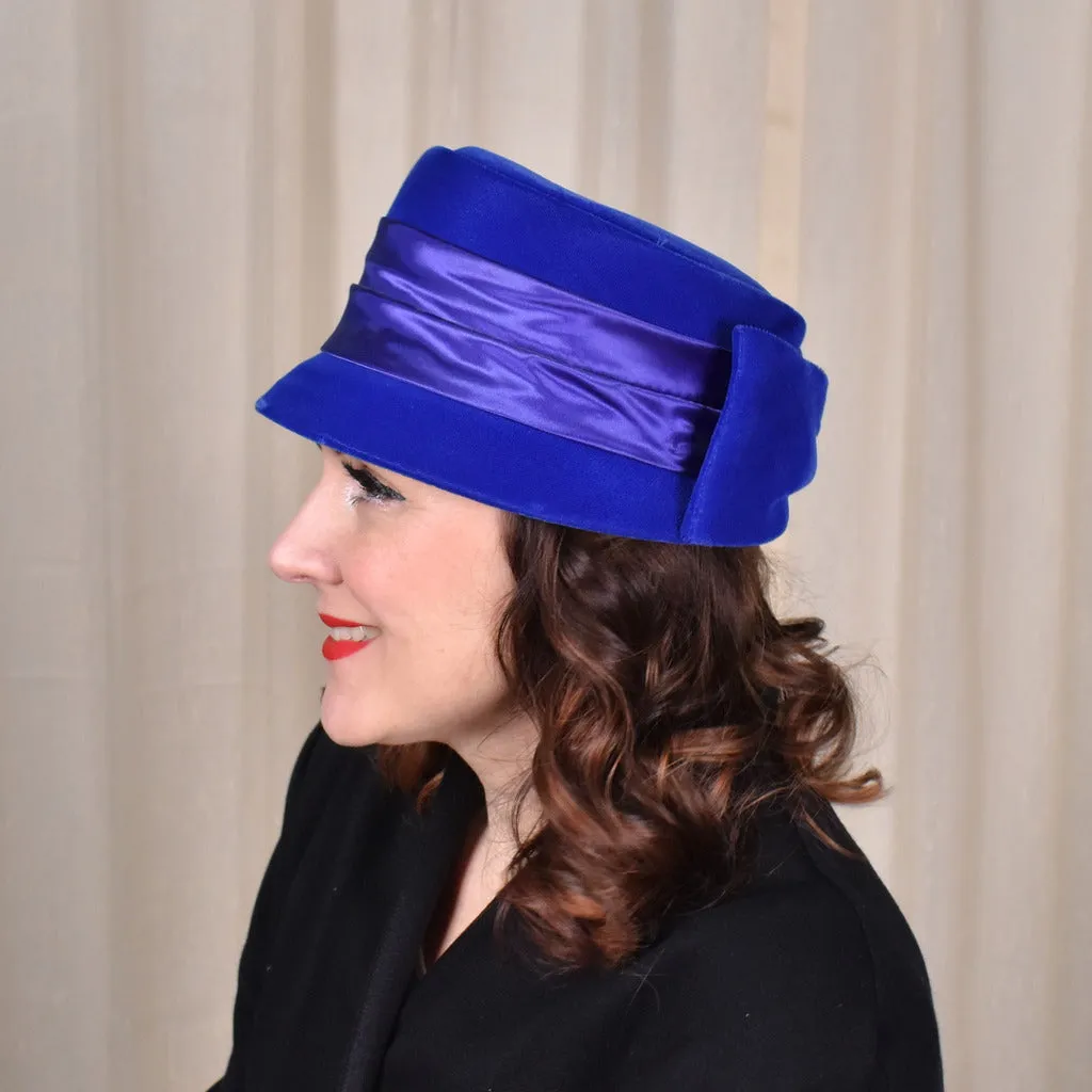 1950s Bright Blue Velvet Cloche Hat