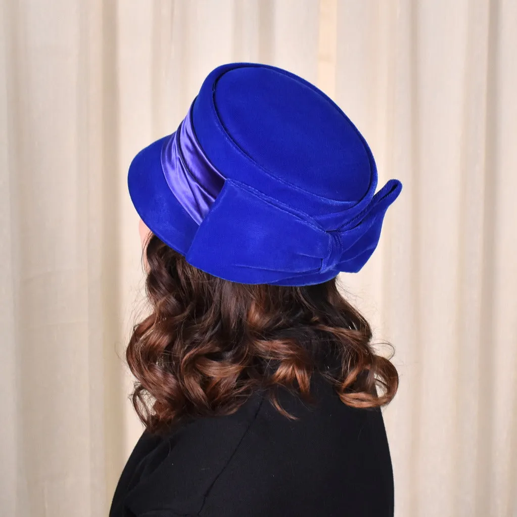 1950s Bright Blue Velvet Cloche Hat