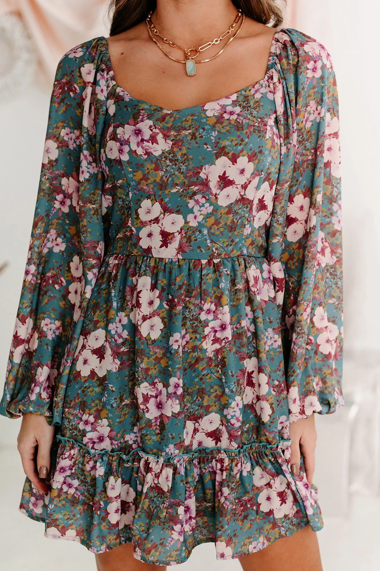 A Graceful Touch Floral Square Neck Dress (Teal/Plum)