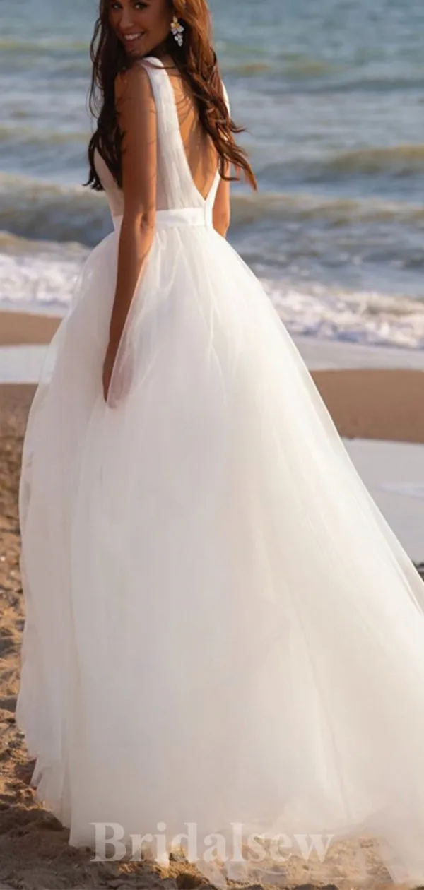 A-line Beach Romantic Fantasy Luxurious Simple Vintage Long Wedding Dresses WD378