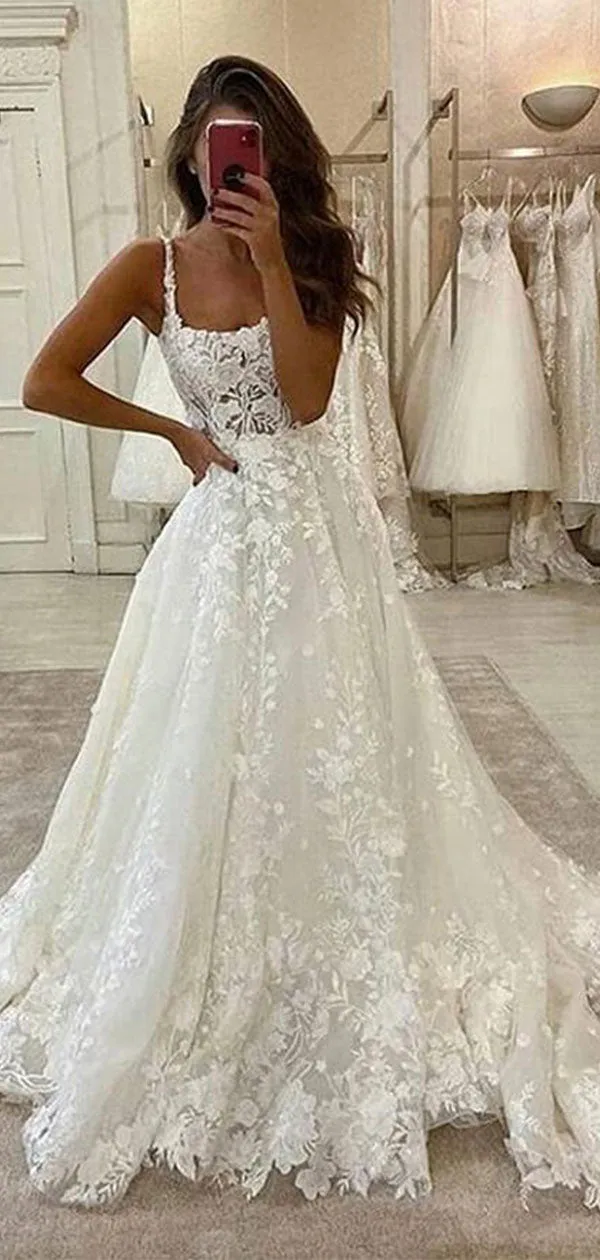 A-line Romantic Popular Beach Lace Long Wedding Dresses, Bridal Gowns WD105