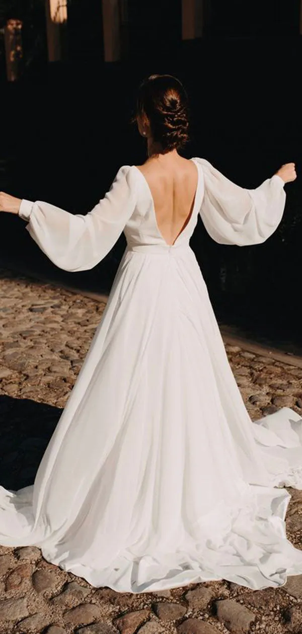 A-line Romantic Simple Long Sleeves Beach Wedding Dresses, Bridal Gowns WD093