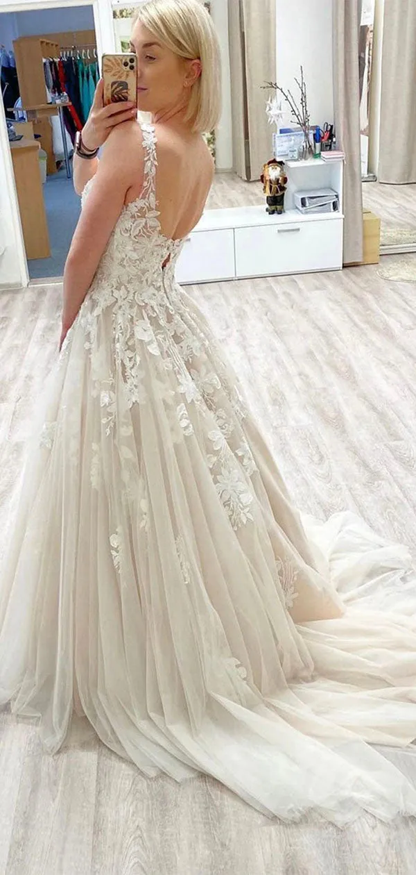 A-line Romantic V-Neck Lace Appliques Vintage Beach Long Wedding Dresses WD187