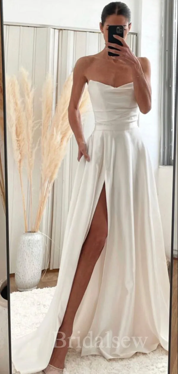 A-line Simple Satin Elegant Classic Romantic Garden Beach Vintage Long Wedding Dresses WD298