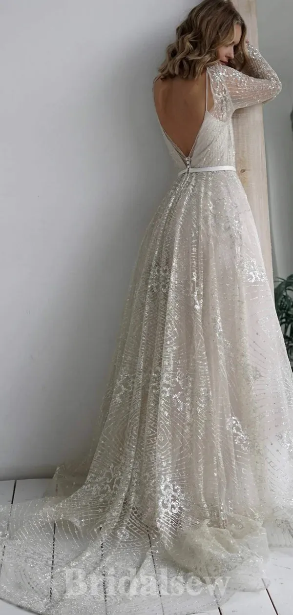 A-line Sparkly Beach Long Sleeves Dream Romantic Vintage Long Wedding Dresses WD405