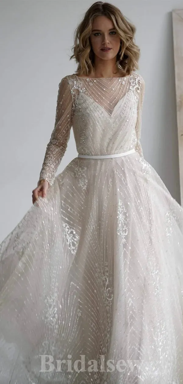 A-line Sparkly Beach Long Sleeves Dream Romantic Vintage Long Wedding Dresses WD405