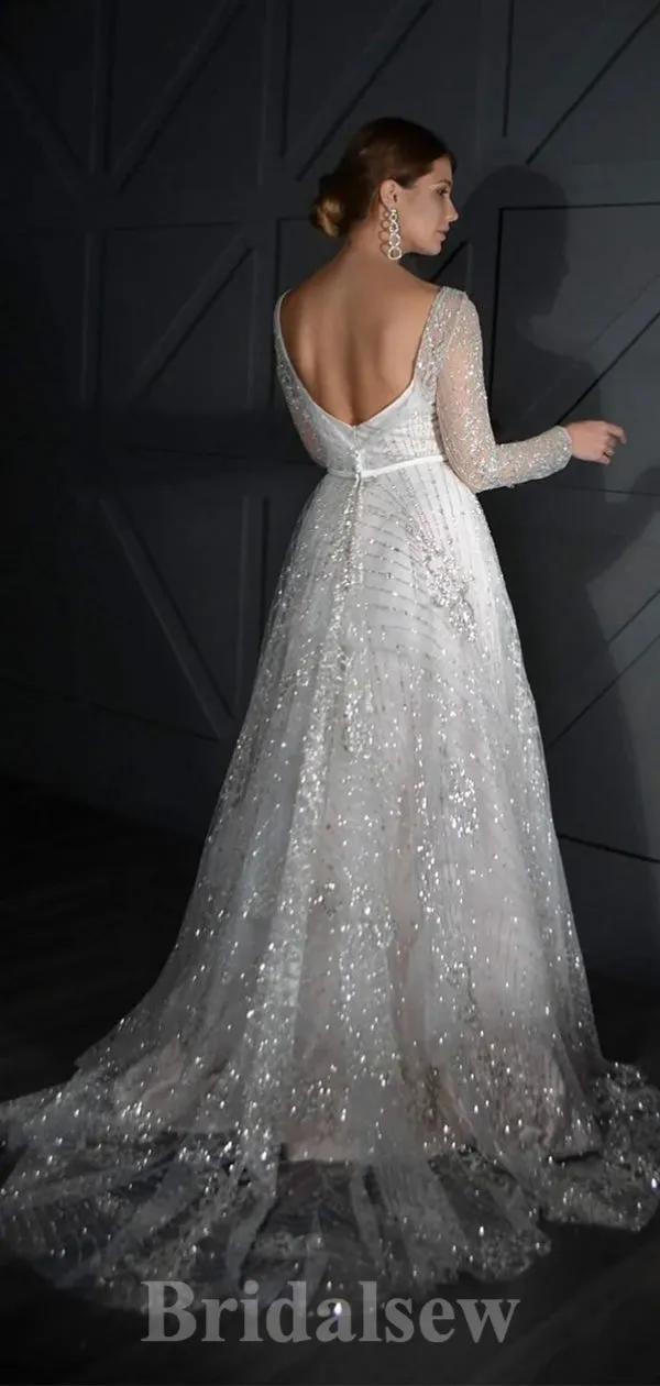 A-line Sparkly Beach Long Sleeves Dream Romantic Vintage Long Wedding Dresses WD405