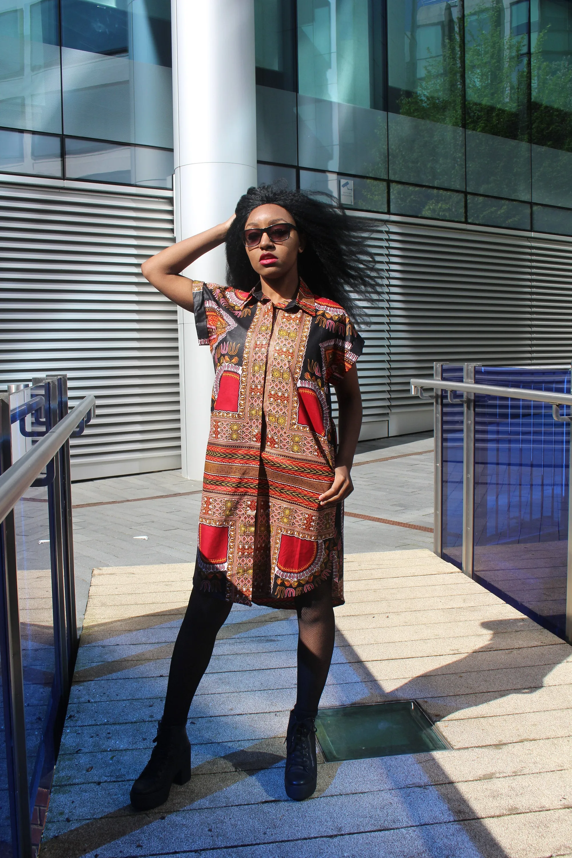 Aztec Dress, African Shirt Dress in Black Dashiki Print - Festival Dress