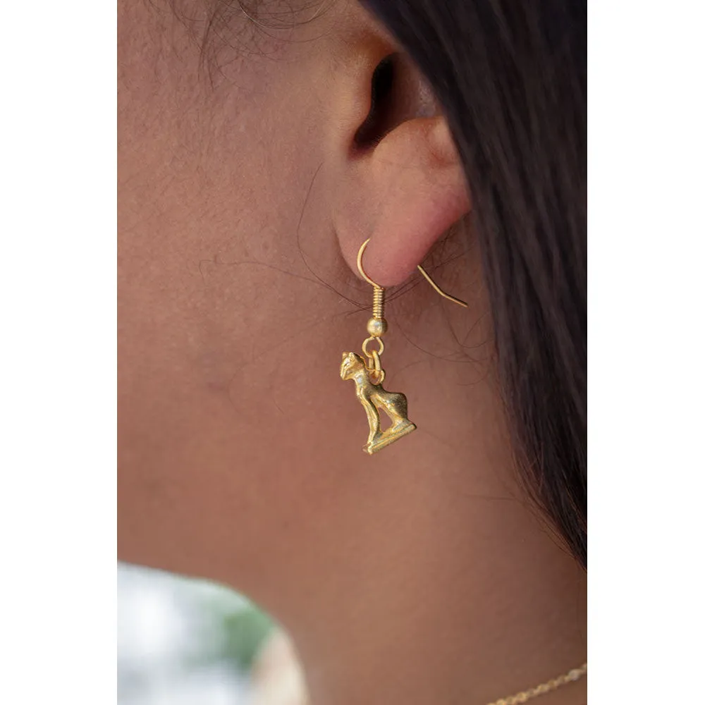 Bastet Cat Earrings - Bright Gold Finish