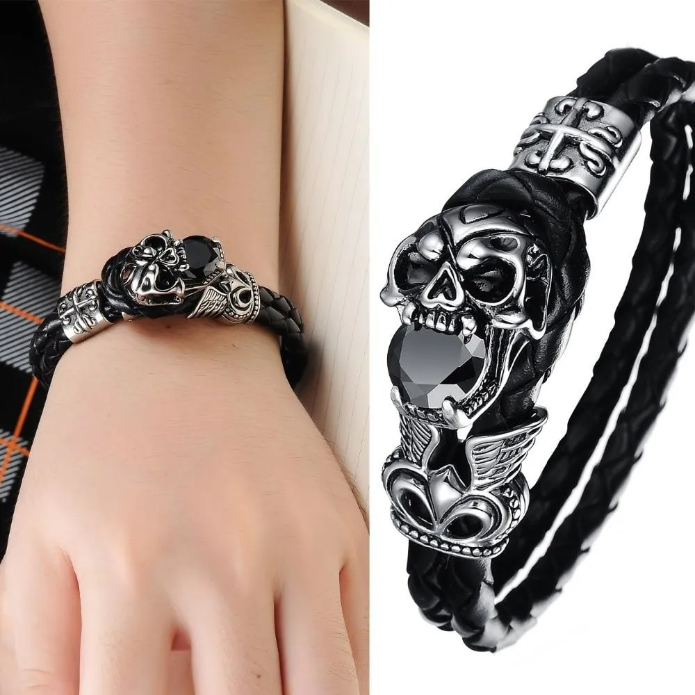 Black Genuine Leather Gothic Skull with Cubic Zirconia Bracelet