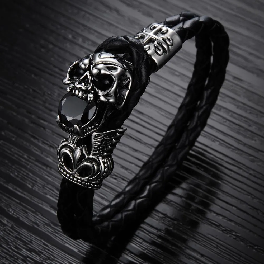 Black Genuine Leather Gothic Skull with Cubic Zirconia Bracelet