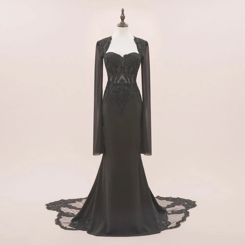 Exquisite Black Gothic Lace Wedding Dress with Elegant Chiffon Sleeves | ISODIE for Halloween Celebrations