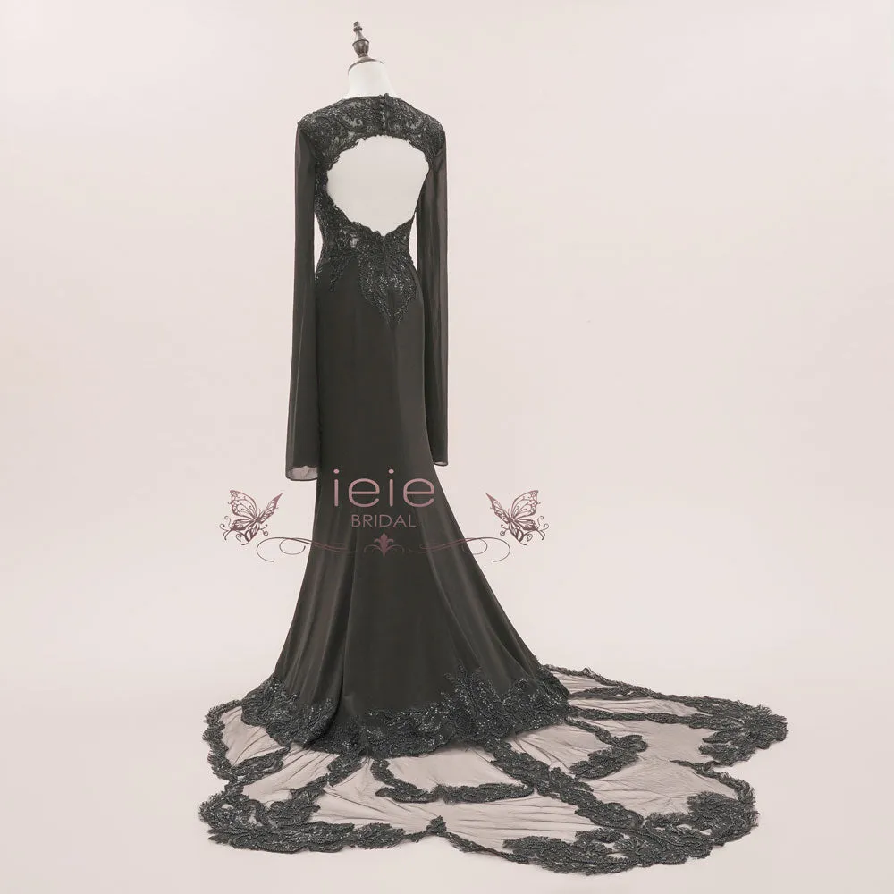 Exquisite Black Gothic Lace Wedding Dress with Elegant Chiffon Sleeves | ISODIE for Halloween Celebrations