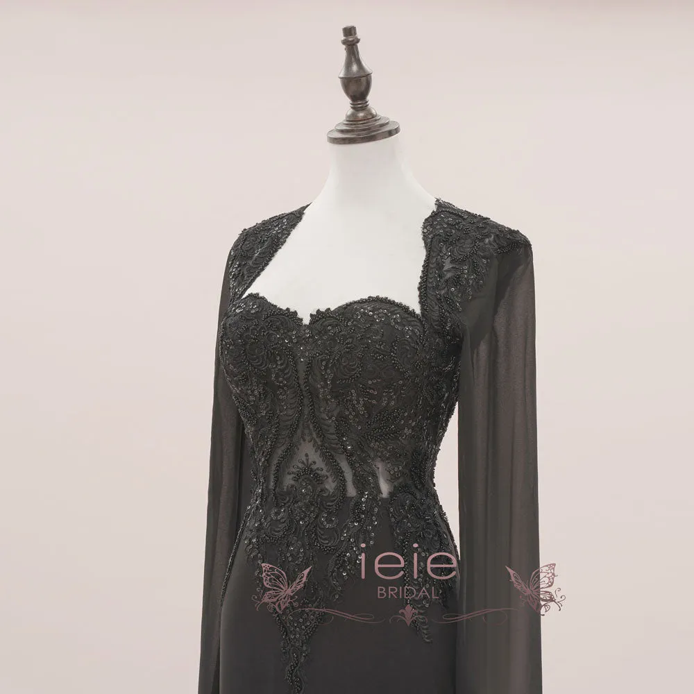 Exquisite Black Gothic Lace Wedding Dress with Elegant Chiffon Sleeves | ISODIE for Halloween Celebrations