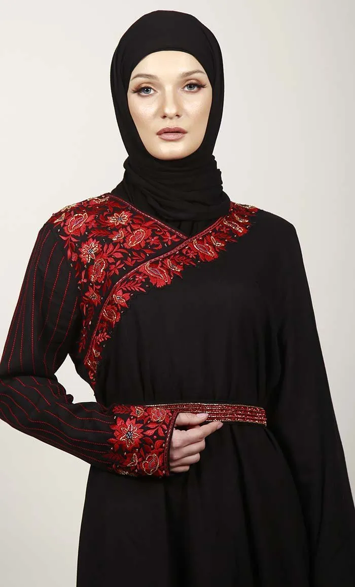 Black Semi Kaftan Embroidered Abaya With Graceful Lace On Border - Final Sale