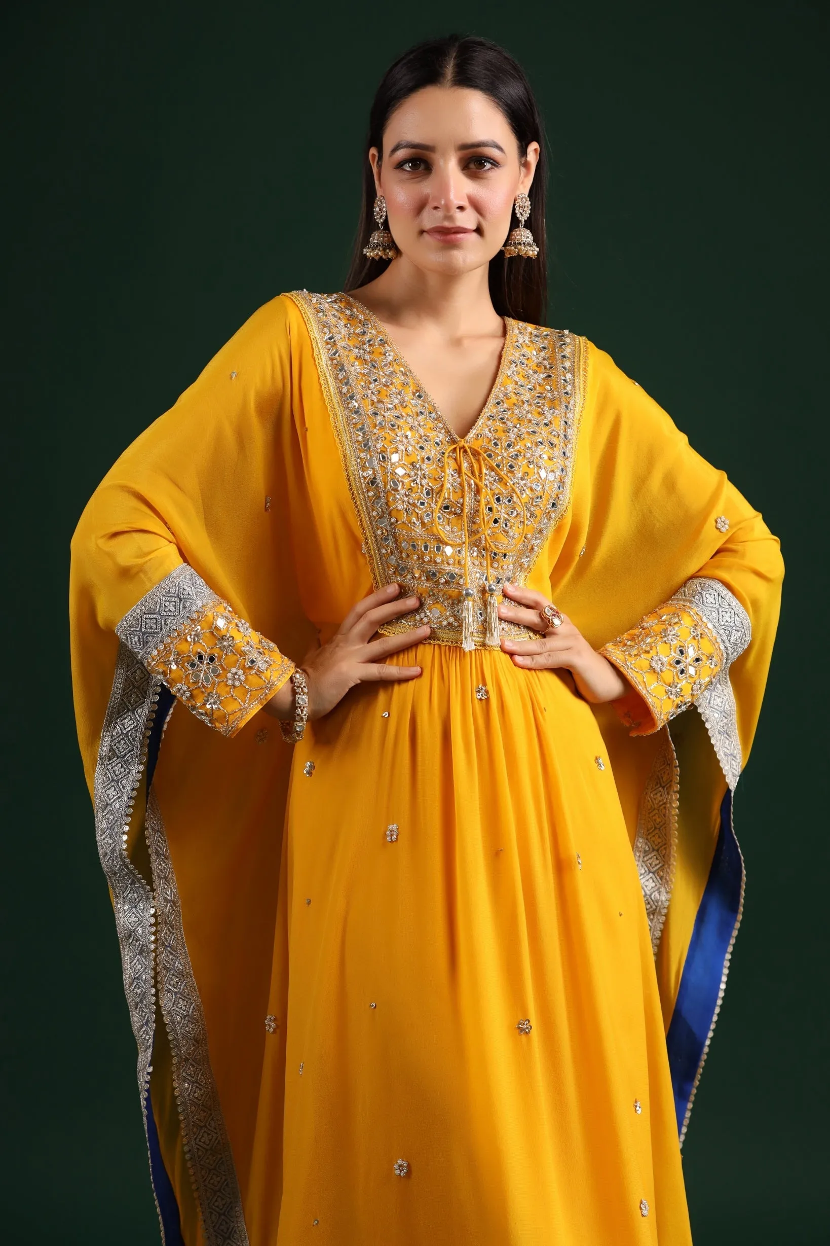 Bright Yellow Embellished Kaftan Palazzo Set