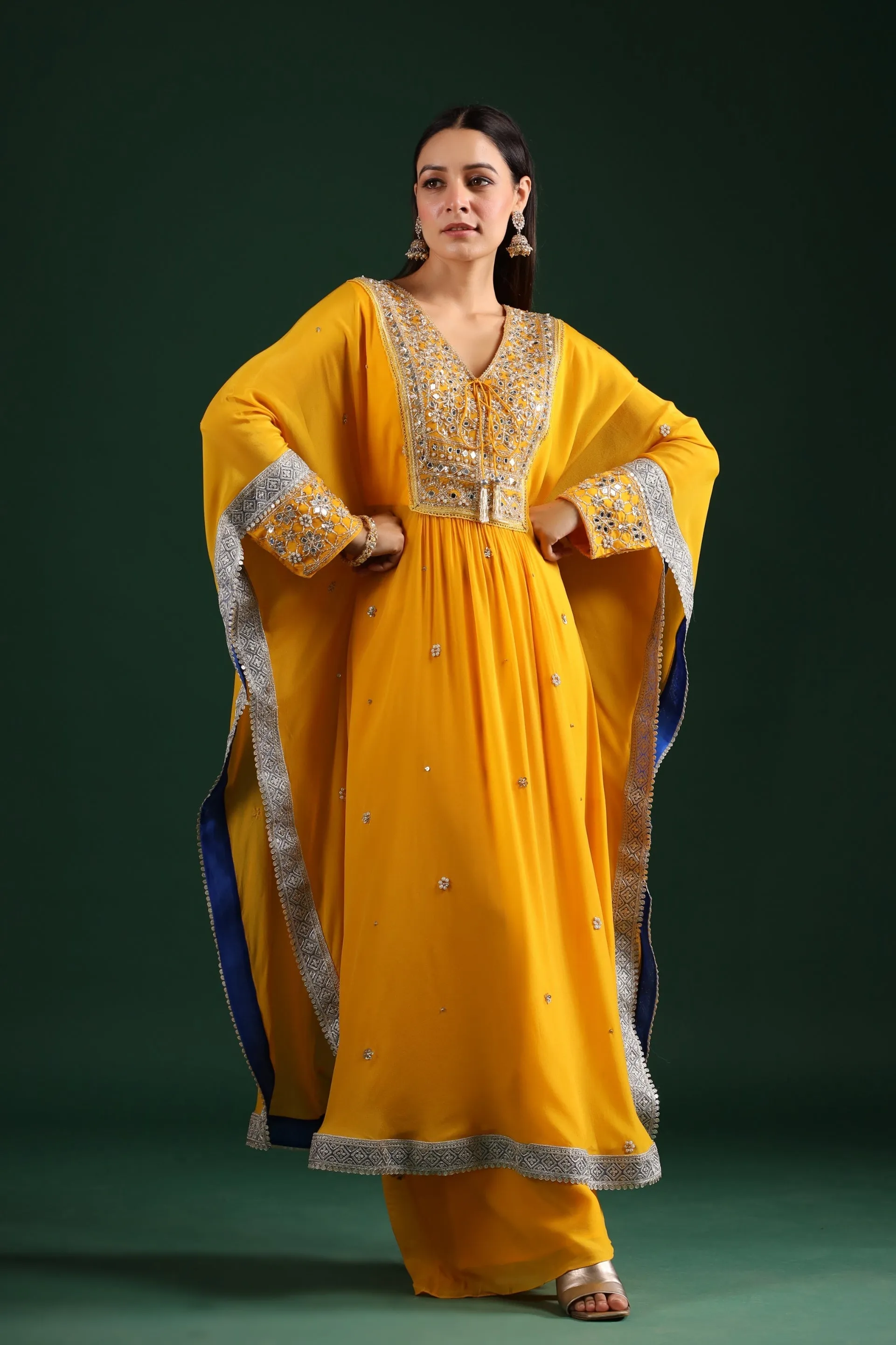 Bright Yellow Embellished Kaftan Palazzo Set