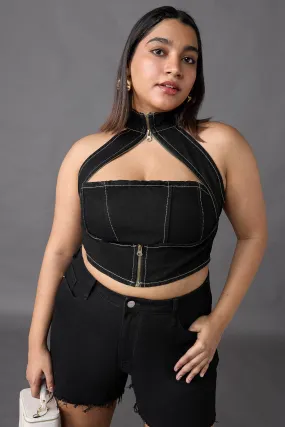 Curve Gothic Chained Black Denim Top