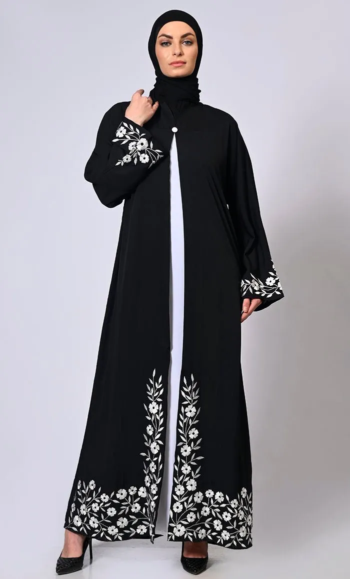 Embroidered Enchantment: Graceful Black Abaya with Delicate Details and Belt - Final Sale