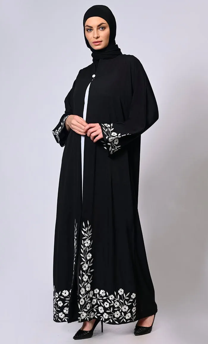 Embroidered Enchantment: Graceful Black Abaya with Delicate Details and Belt - Final Sale