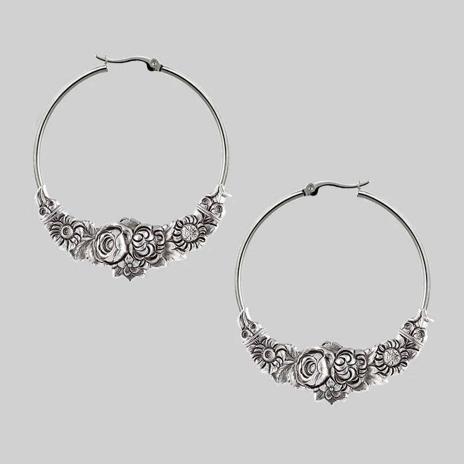 EMINENCE. Romantic Floral Hoop Earrings - Silver