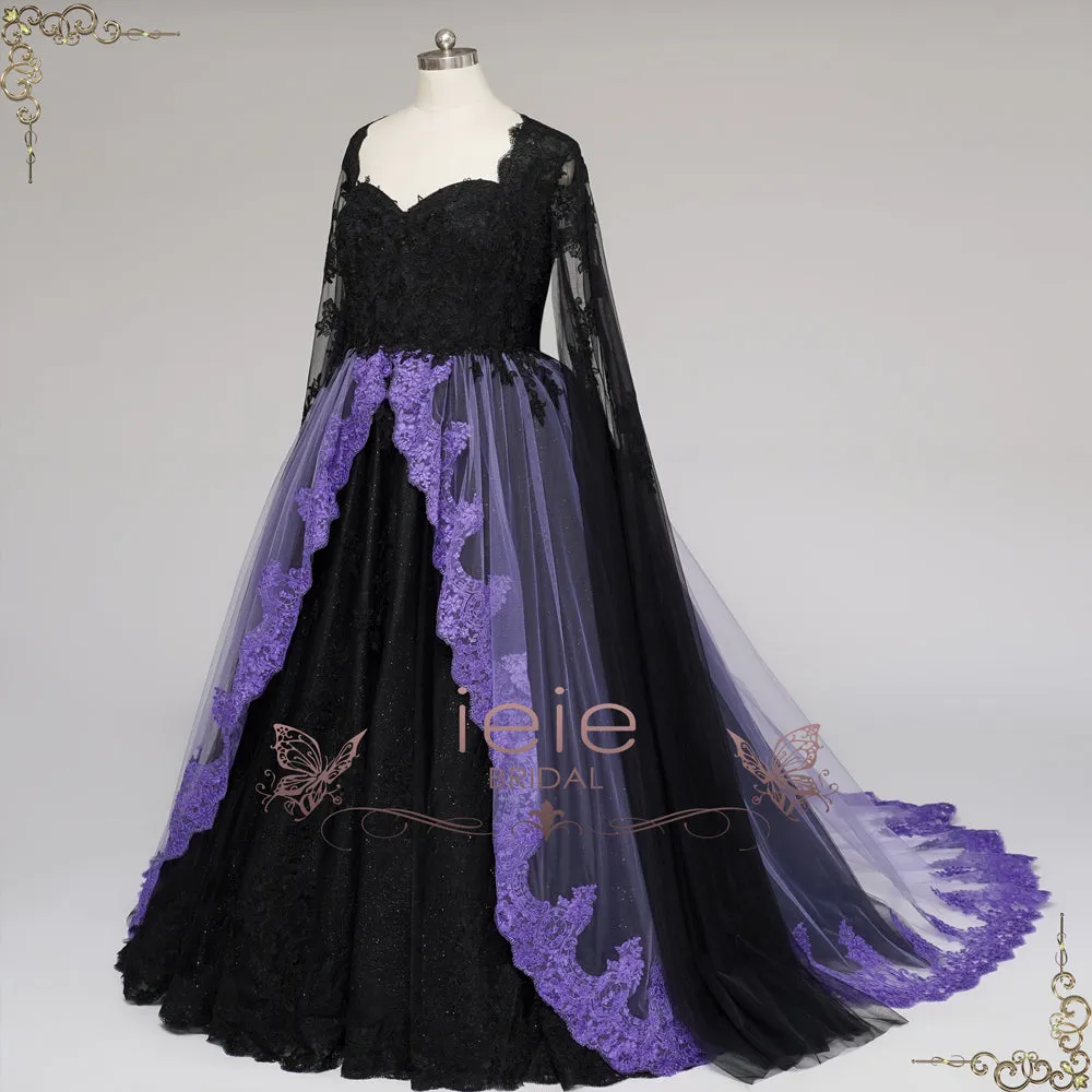 Gothic Black and Purple Lace Wedding Dress with Keyhole Back | ADRIA