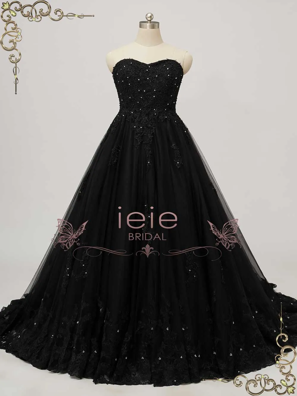 Gothic Black Lace Ball Gown Wedding Dress with Cape CLARINDA