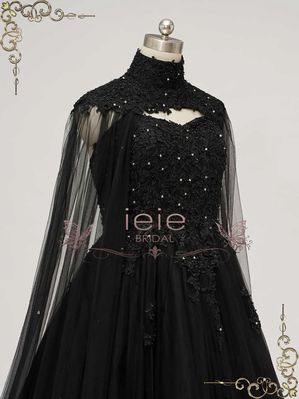 Gothic Black Lace Ball Gown Wedding Dress with Cape CLARINDA