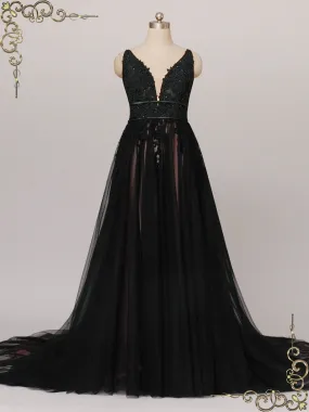 Gothic Black Lace Wedding Dress with Open Back SYBIL