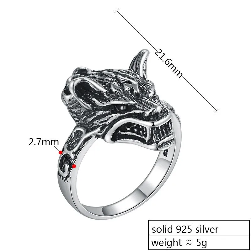 Gothic Black Wolf 925 Sterling Silver Vintage Punk Ring