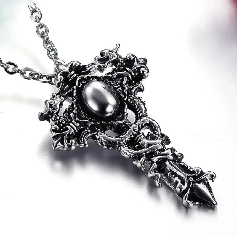 Gothic Dragons Twisted Around Cross Pendant with Chain Necklace