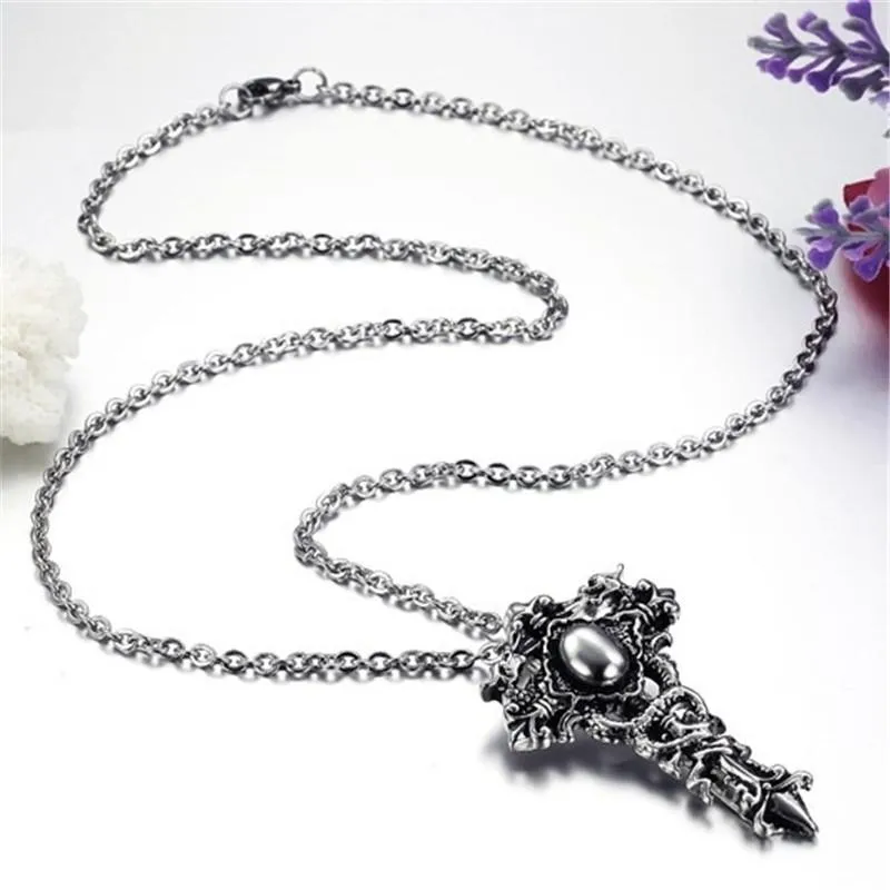 Gothic Dragons Twisted Around Cross Pendant with Chain Necklace