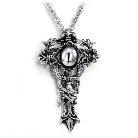 Gothic Dragons Twisted Around Cross Pendant with Chain Necklace