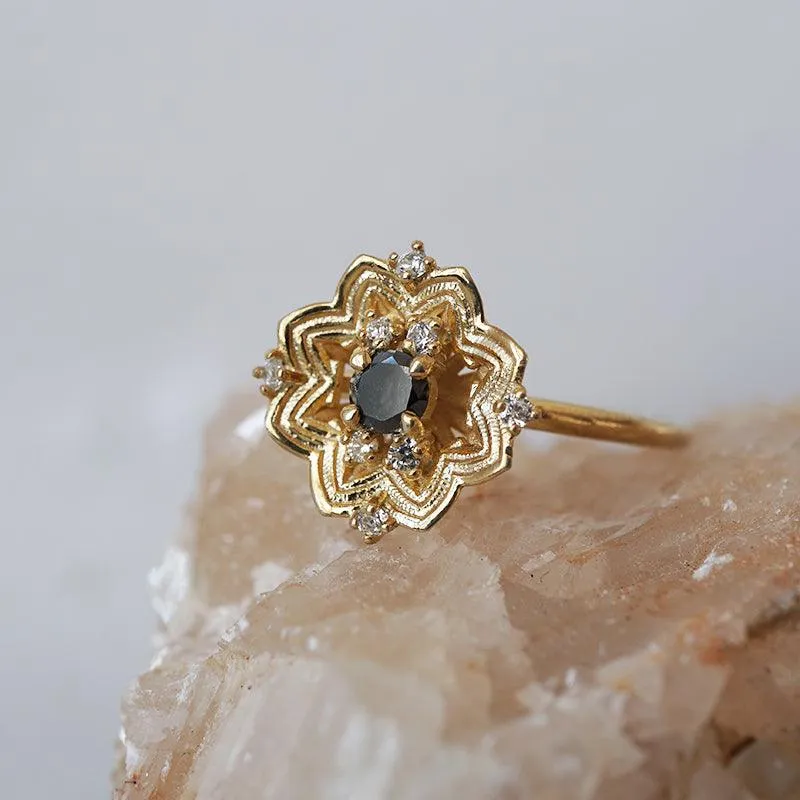 Gothic Rose Window Black Diamond Ring in 14K and 18K Gold