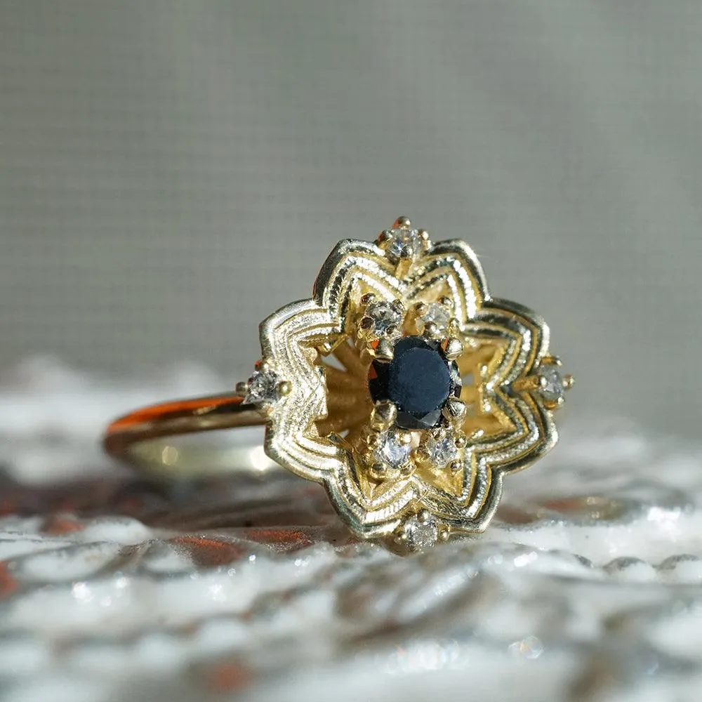 Gothic Rose Window Black Diamond Ring in 14K and 18K Gold