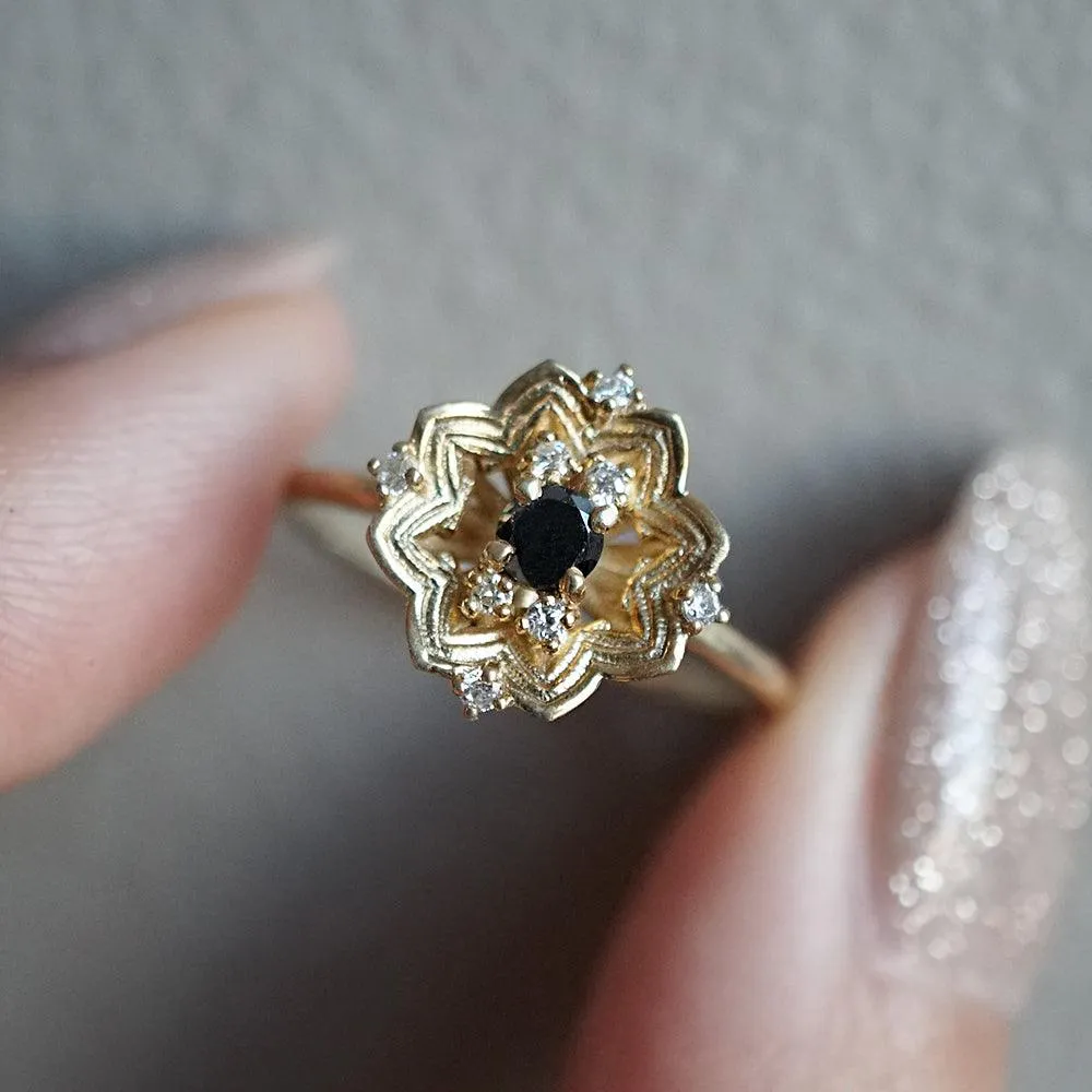 Gothic Rose Window Black Diamond Ring in 14K and 18K Gold