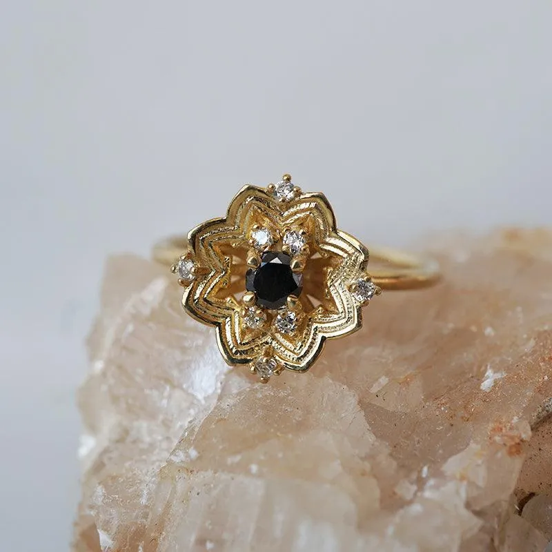 Gothic Rose Window Black Diamond Ring in 14K and 18K Gold