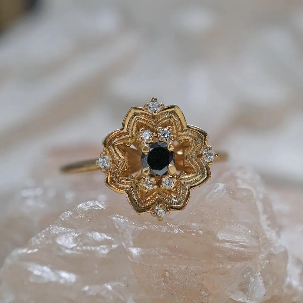 Gothic Rose Window Black Diamond Ring in 14K and 18K Gold