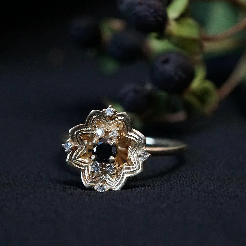 Gothic Rose Window Black Diamond Ring in 14K and 18K Gold