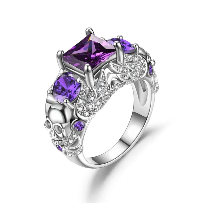 Gothic Skull Amethyst Angel Ring