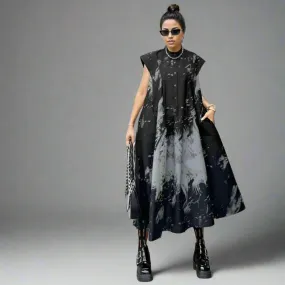 Gothic Sleeveless Tie-Dye Print Dress with Mandarin Collar