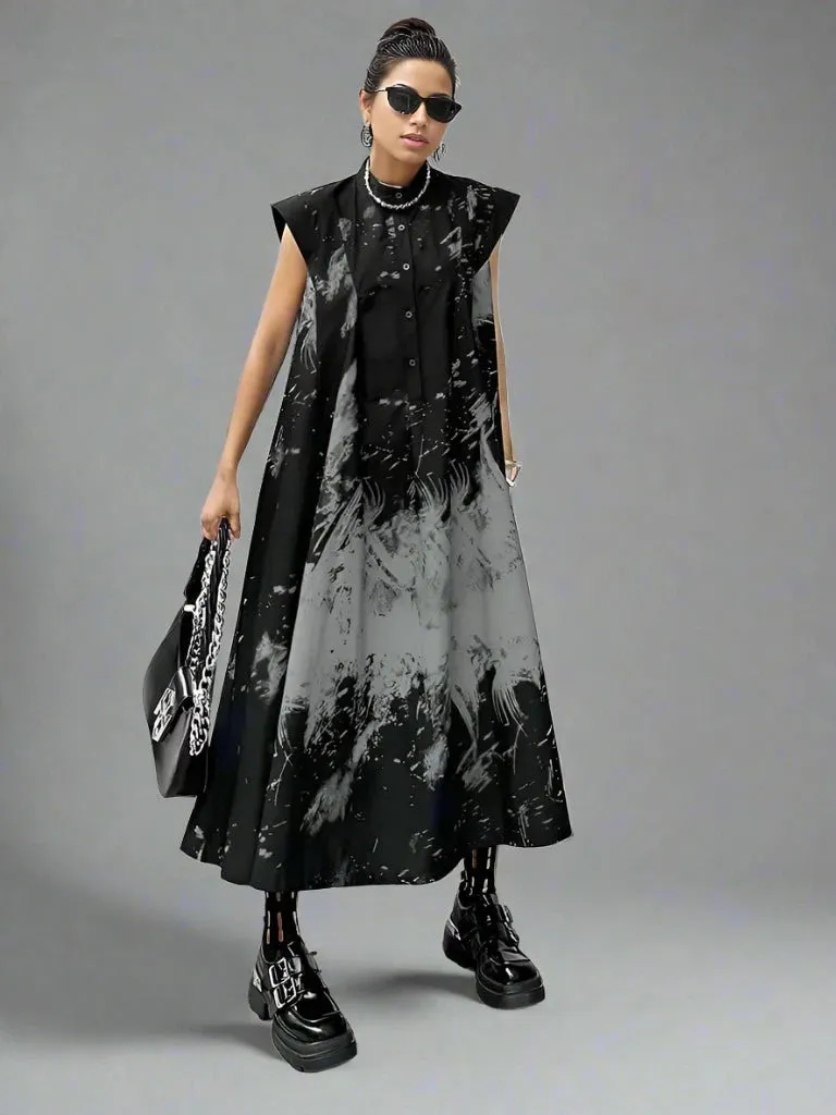 Gothic Sleeveless Tie-Dye Print Dress with Mandarin Collar