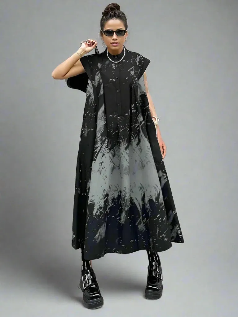 Gothic Sleeveless Tie-Dye Print Dress with Mandarin Collar