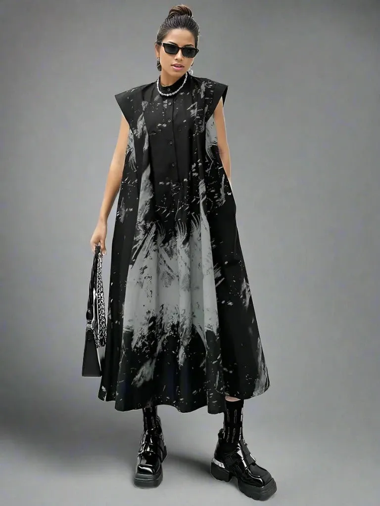 Gothic Sleeveless Tie-Dye Print Dress with Mandarin Collar