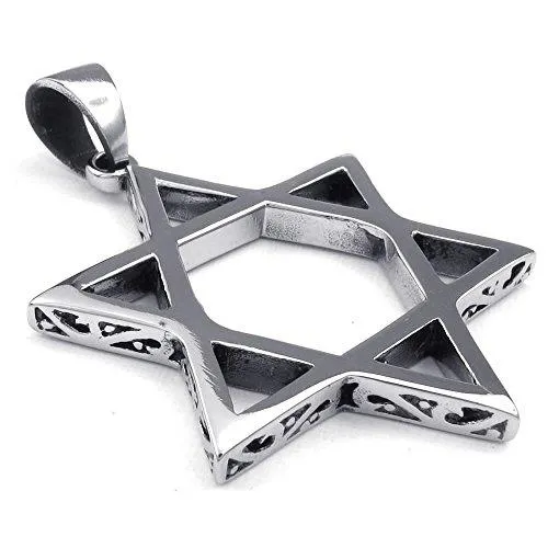 Men Gothic Star of David Stainless Steel Pendant Necklace, Black Silver, 24 inch Chain