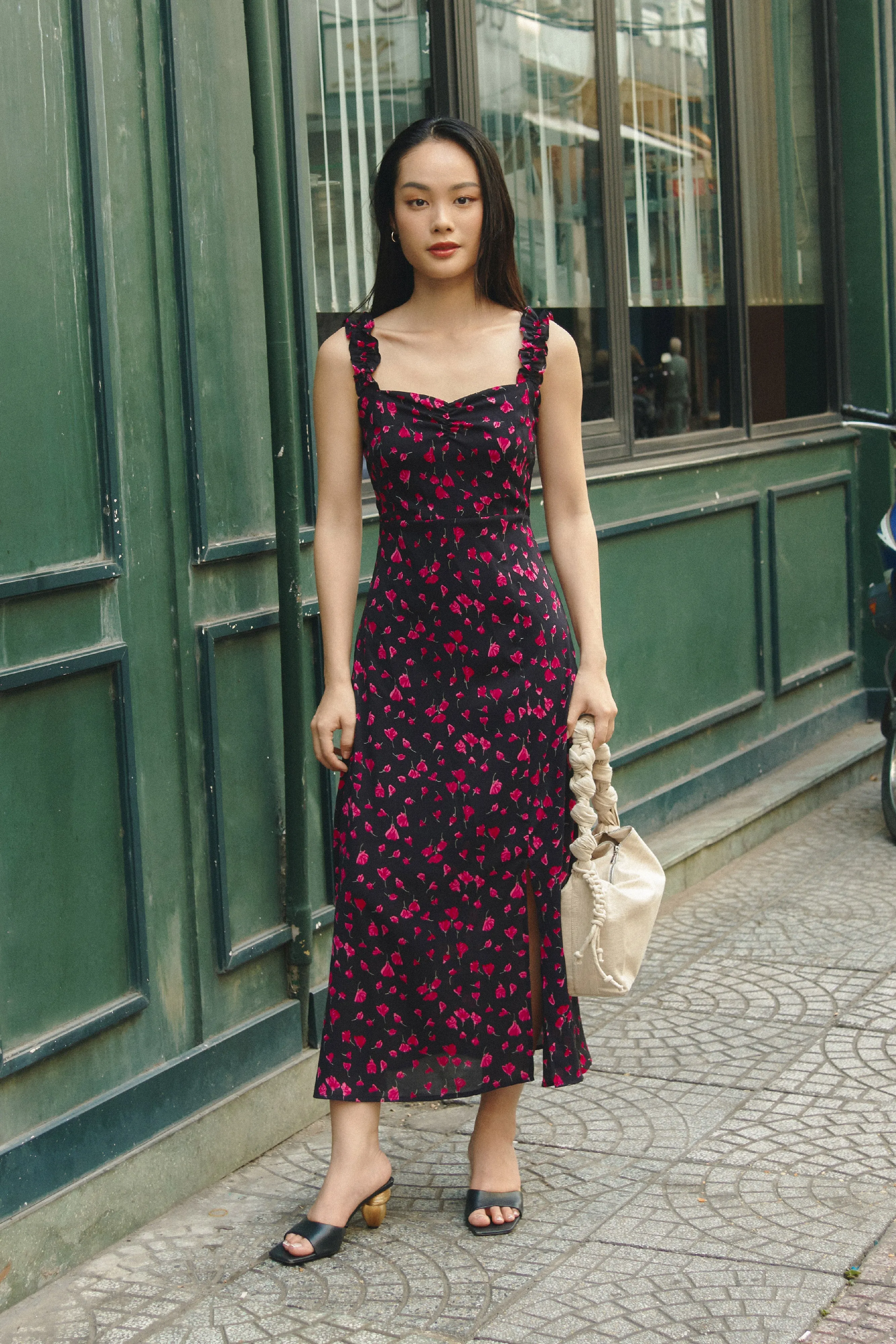 [Restocked] Esmie Floral Ruffle Strap Dress in Romantic Black