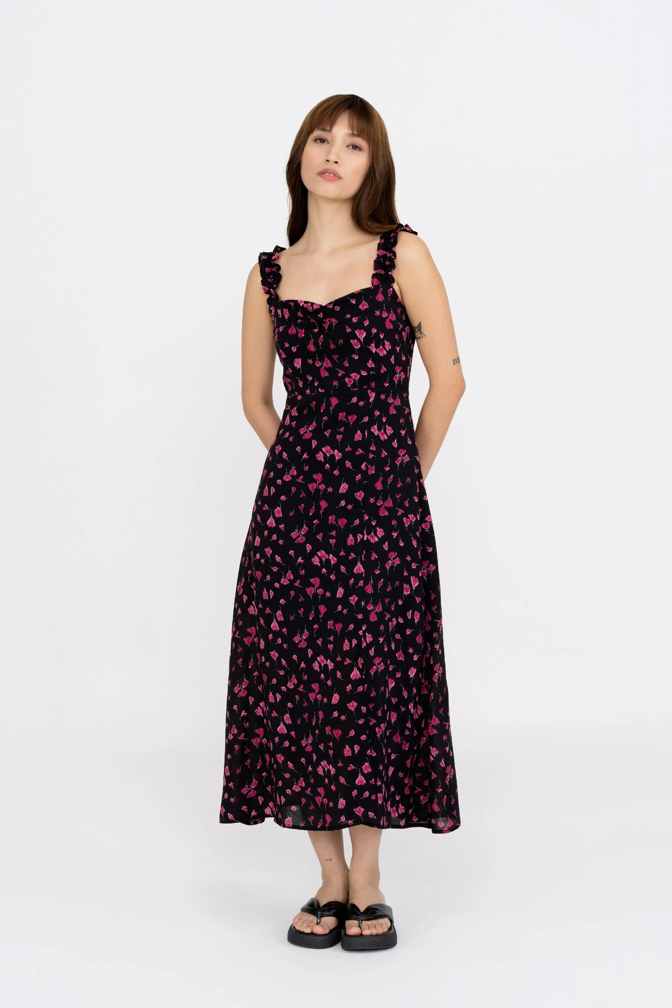 [Restocked] Esmie Floral Ruffle Strap Dress in Romantic Black