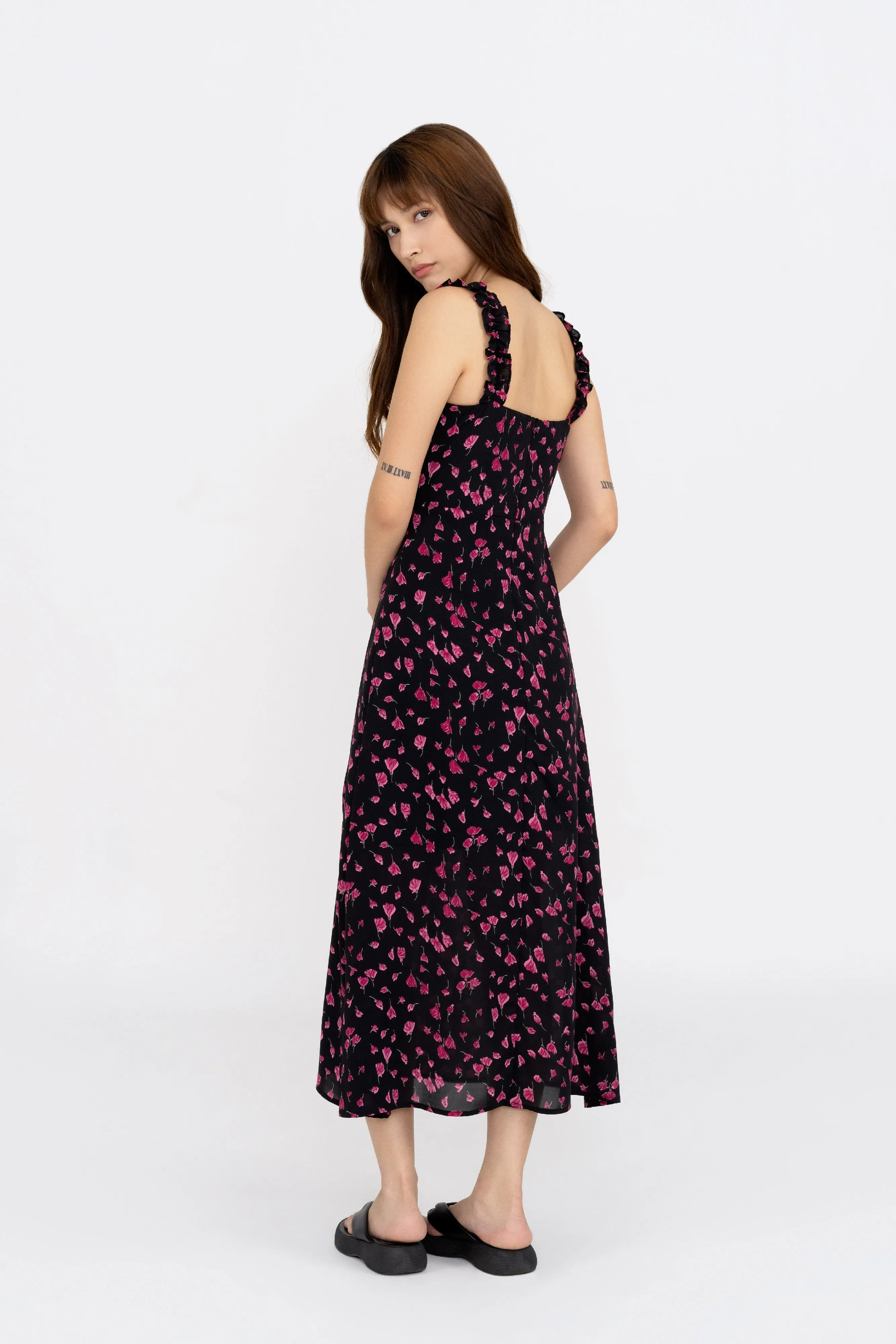 [Restocked] Esmie Floral Ruffle Strap Dress in Romantic Black