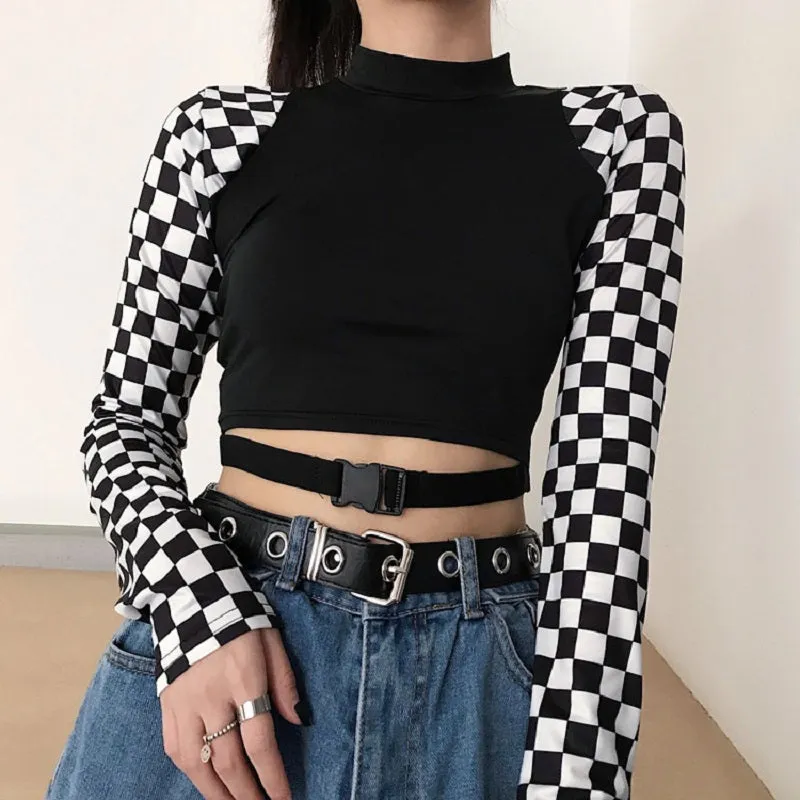 STREET FASHION STITCHING LATTICE LONG SLEEVE T-SHIRT BY22362