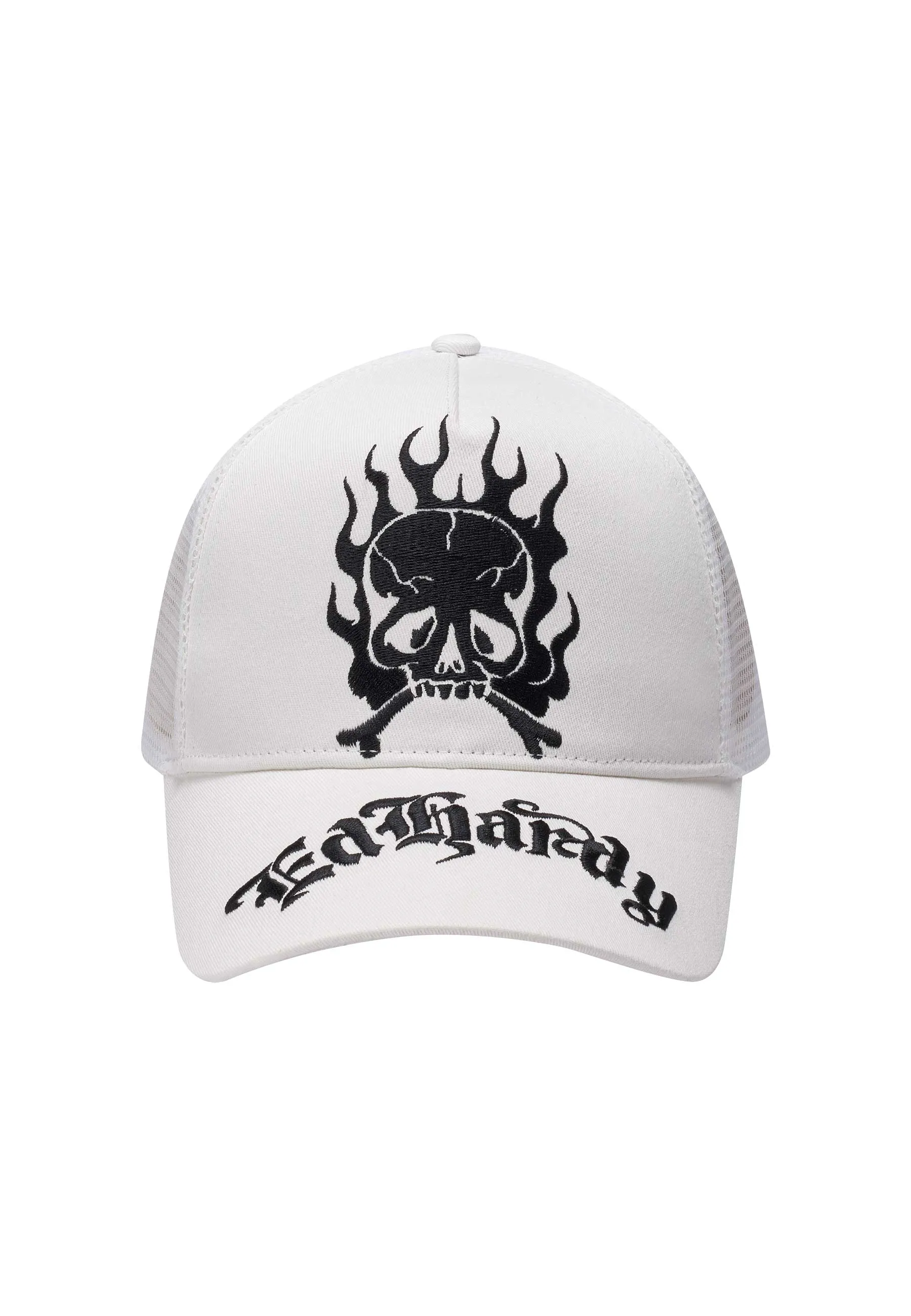 Unisex Gothic Skull In Flames Twill Front Mesh Trucker - White/White